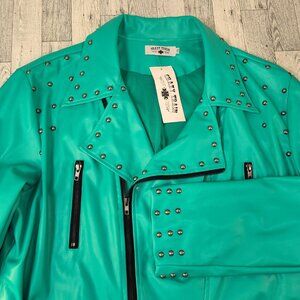 Crazy Train  Womens 2XL Teal Blue Green Moto Faux Leather Jacket